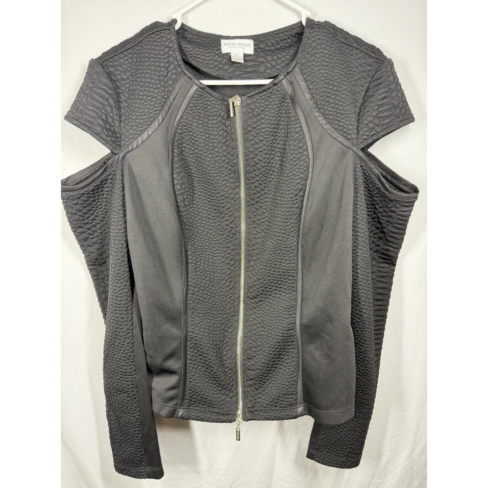 BISOU BISOU Michele Bohbot Black Moto Jacket XL Cold Shoulder Textured Knit Zip